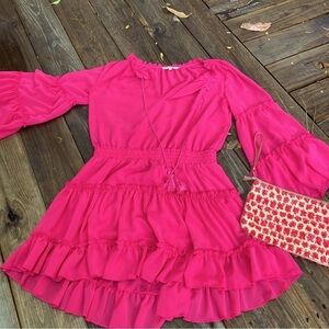 Franco Puffy Long Sleeve Sheer Ruffles Hot Pink Dress Tassel VNeck Barbie Mini